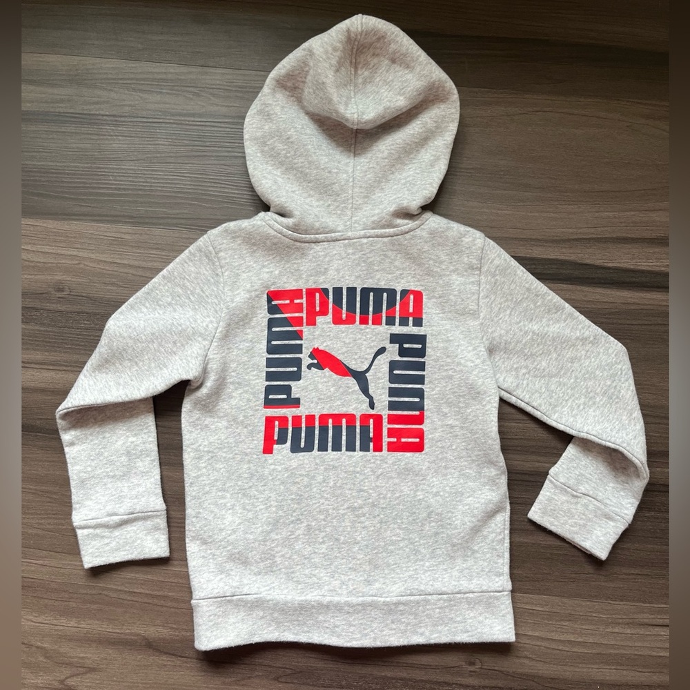 Puma Kids Light Gray Hoodie with Red and Blue Graphic